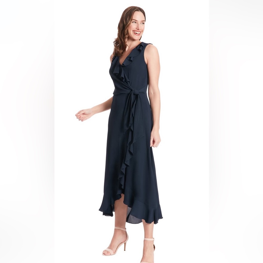 Navy Blue Wrap Dress with V-Neck and High-Low Hemline